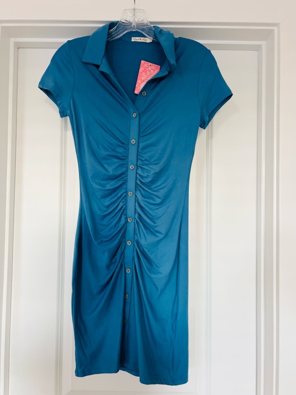 BRAND NEW Heart Hips Blue Polo-Style Ruched Short Sleeve Dress Bodycon NWT